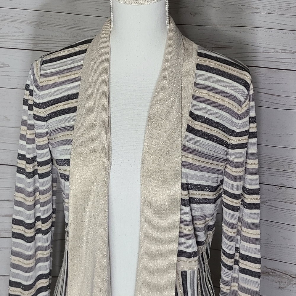 Whbm Grey & Gold Striped Open Front Cardigan - image 5